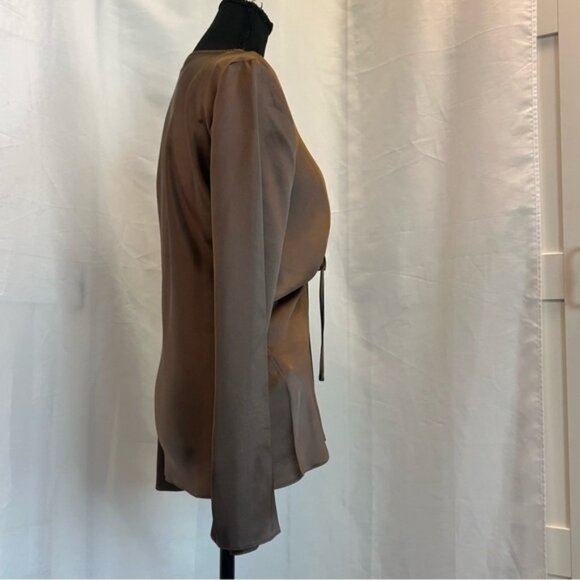 ZARA WOMAN CHOCOLATE BROWN SATIN BLOUSE SHIRT PEEP HOLE TIE BOW FLARE SLEEVE L - Picture 7 of 16